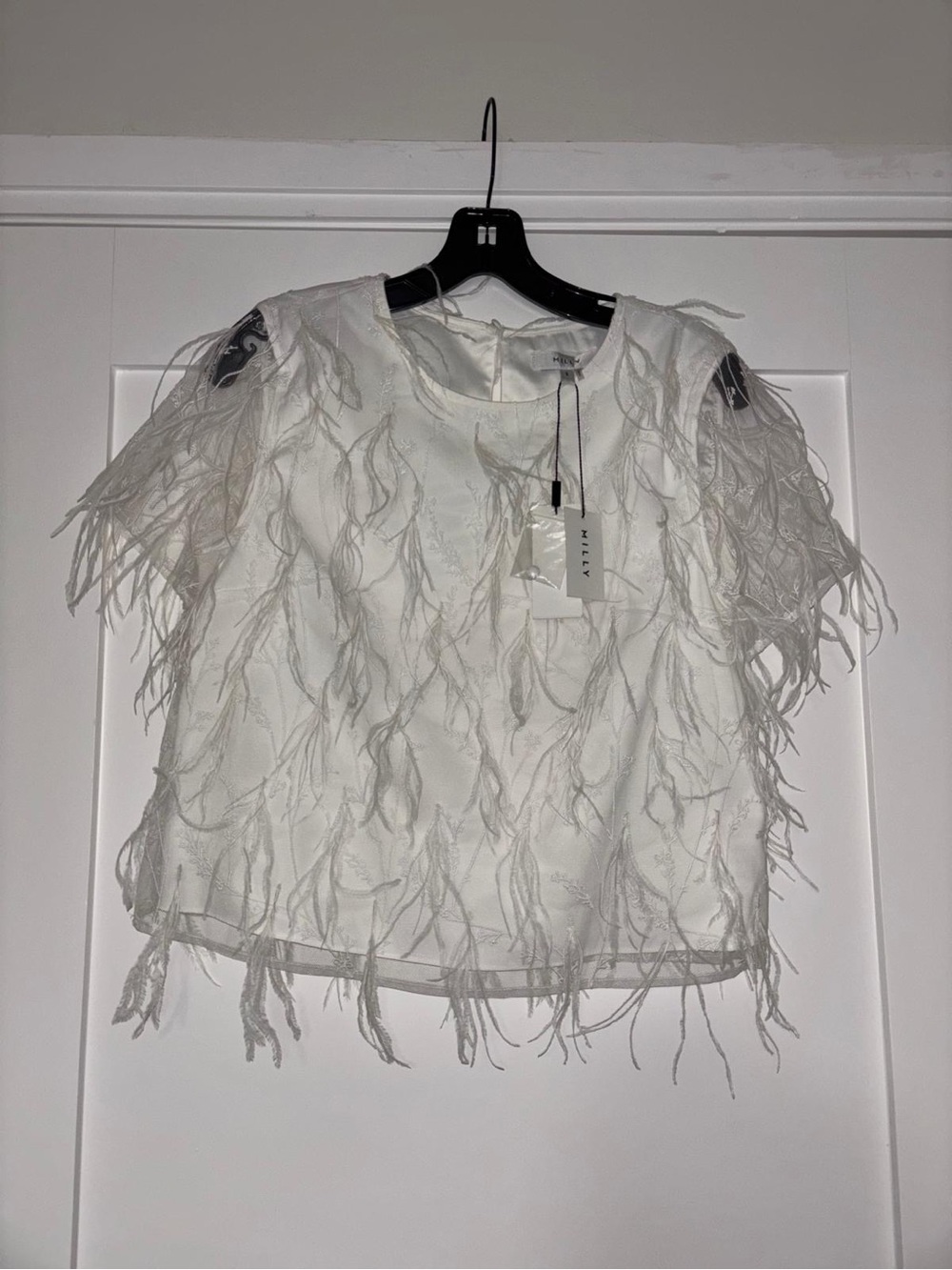 Milly Ivory Feather & Embroidered Cocktail Top Size S